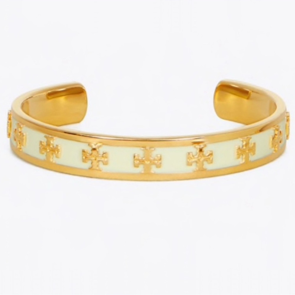 Tory Burch Logo Gold and White Cuff Bracelet